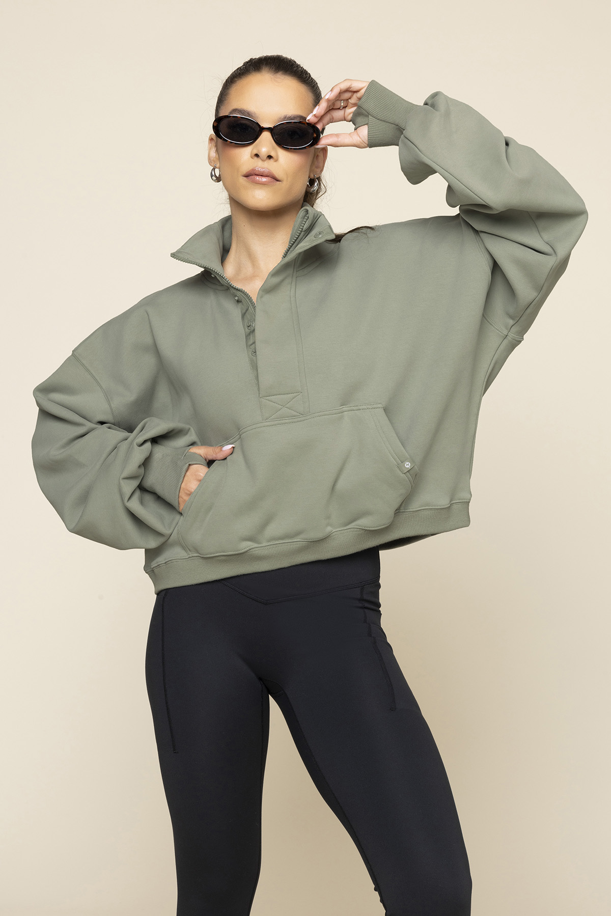 popflex ooey gooey half zip crop light sage blogilates sweatshirt